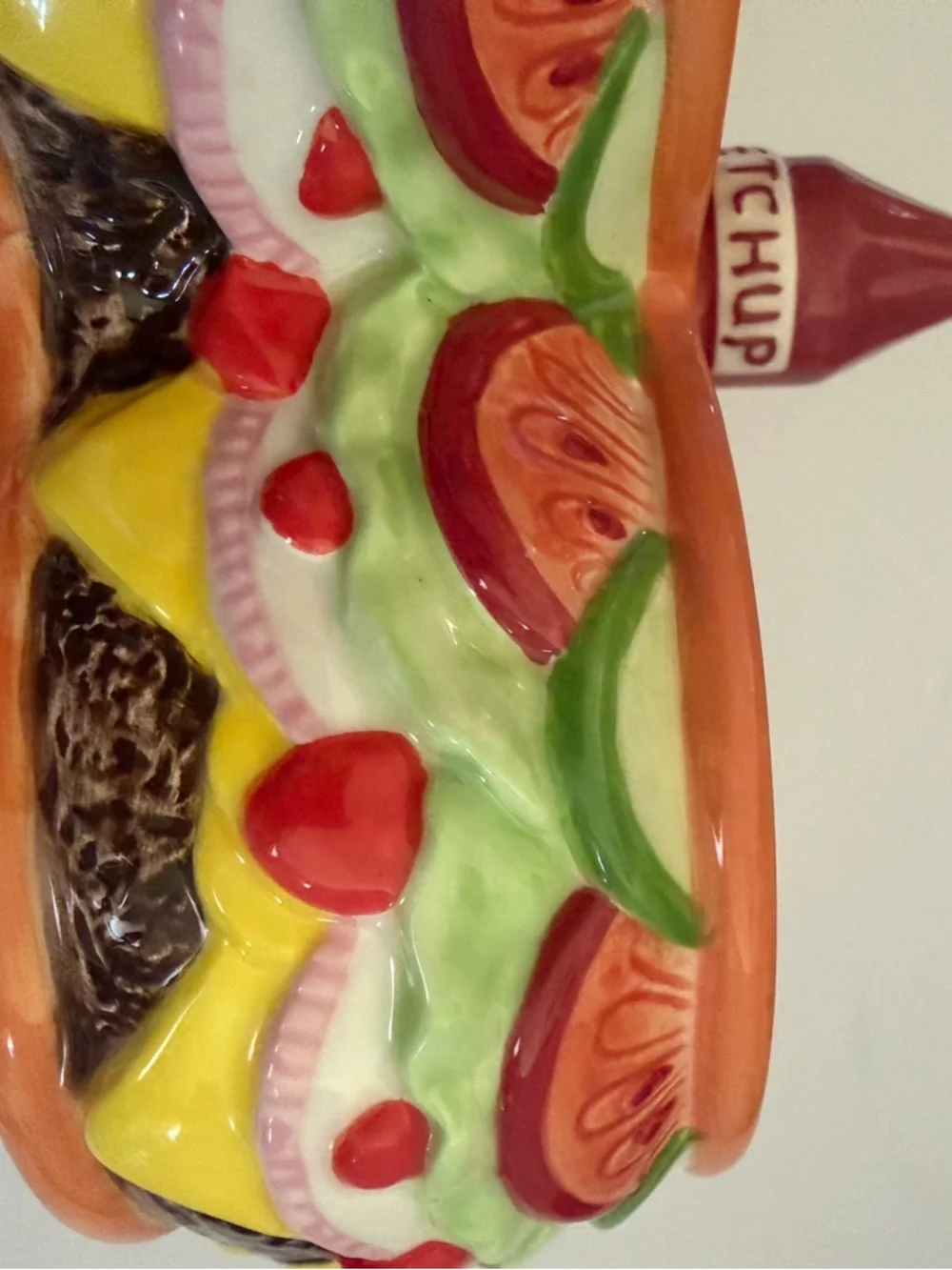 Ceramic Triple Dip Server Dish Cheeseburger with Ketchup Bottle